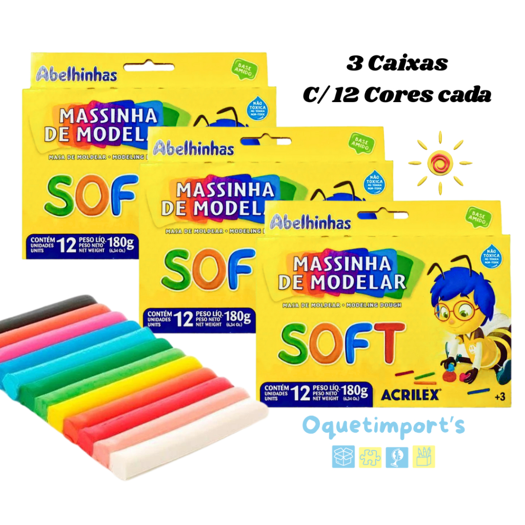 Kit 3 Caixas Massinha De Modelar Infantil 12 Cores
