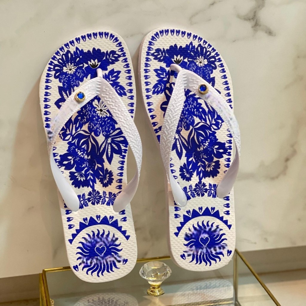 Chinelo Feminino Branco e Azul Confortável Estilo