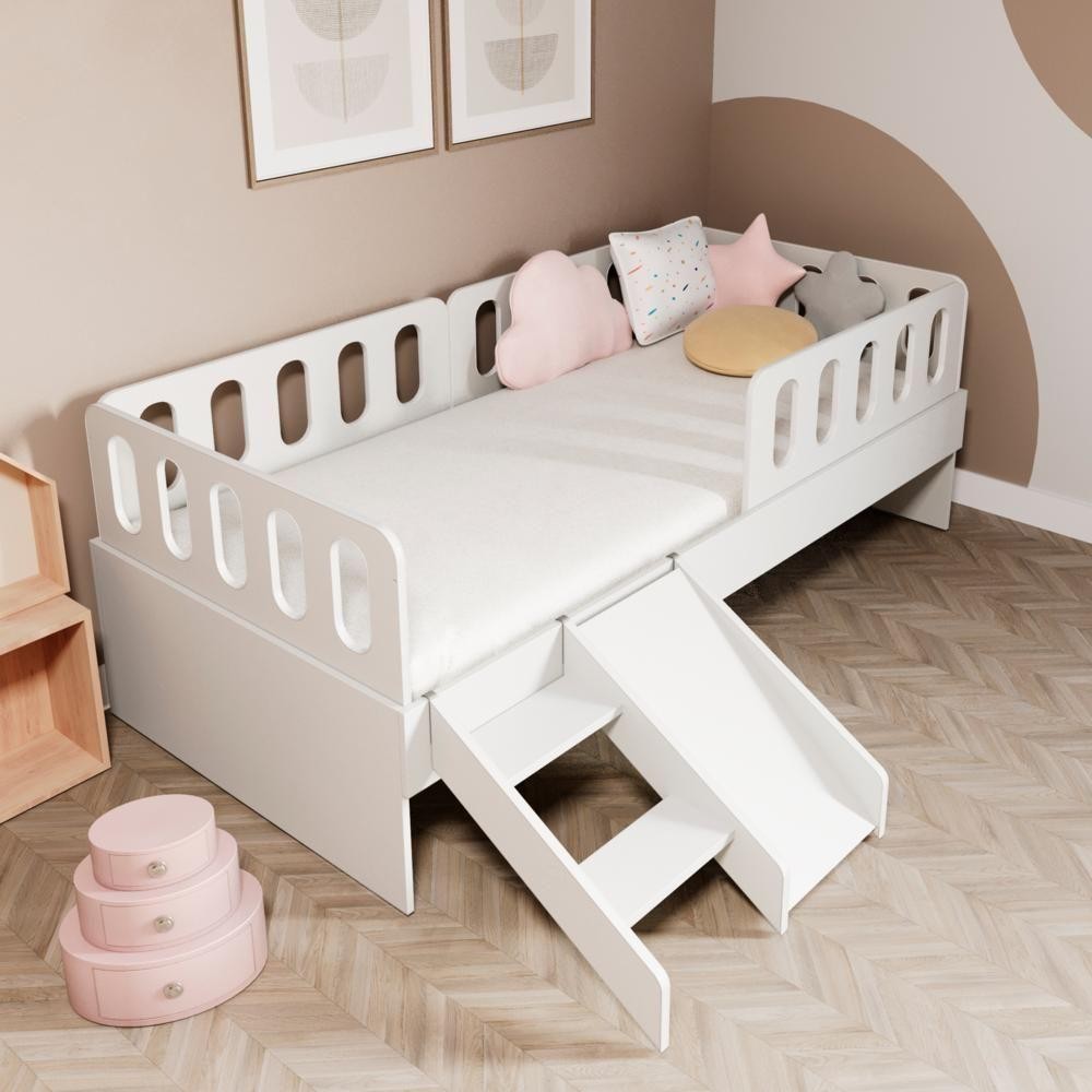Cama Solteiro Mdf Branco Com Escadinha Escorrega M