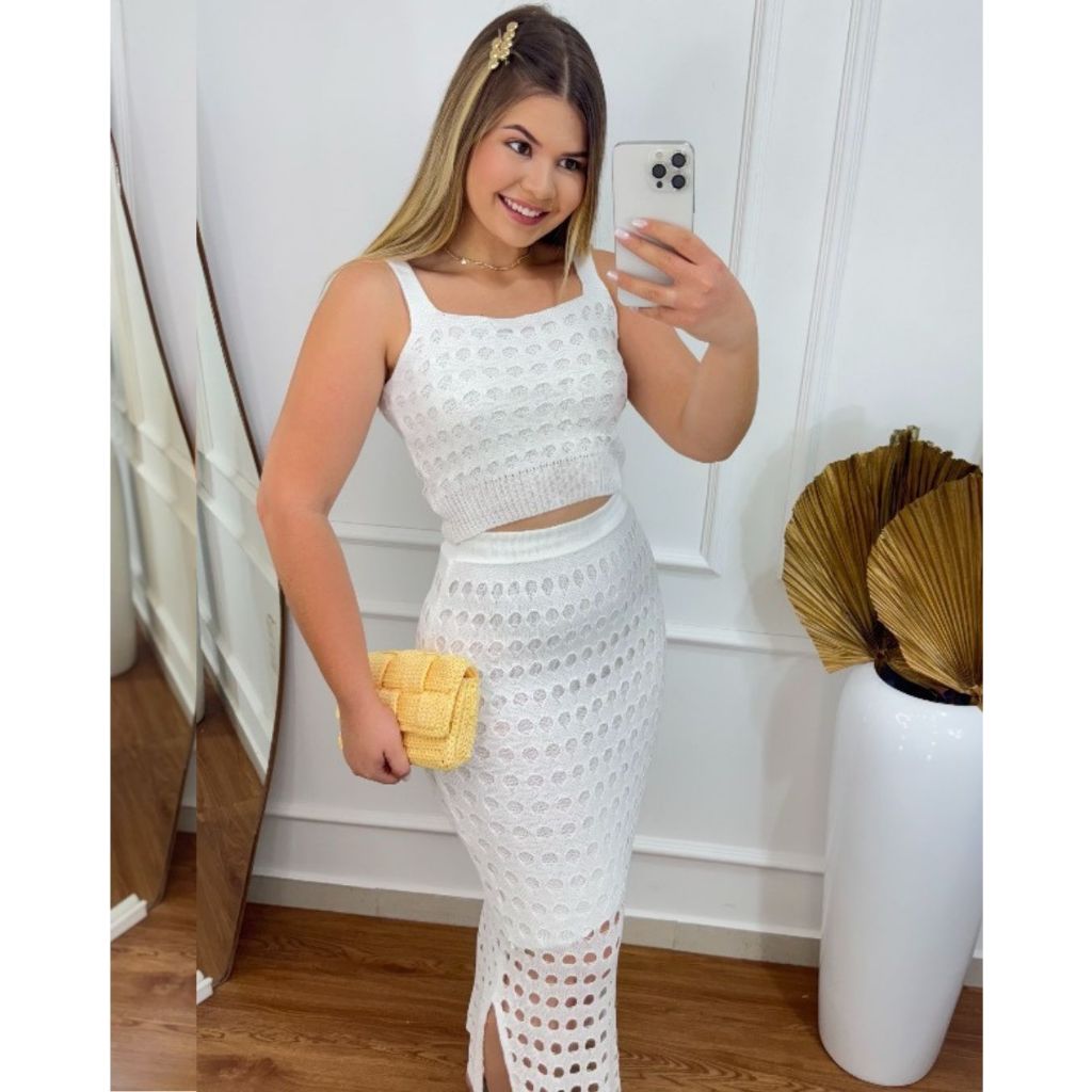 Conjunto Feminino Tricot Saia Longa E Cropped Top 