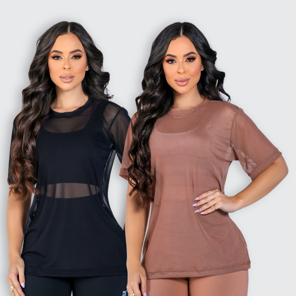 Kit 2 Blusa Feminina Transparente de Tule Manga Cu