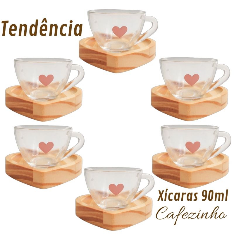 Jogo Xícaras de Café Pires de Madeira Coração 