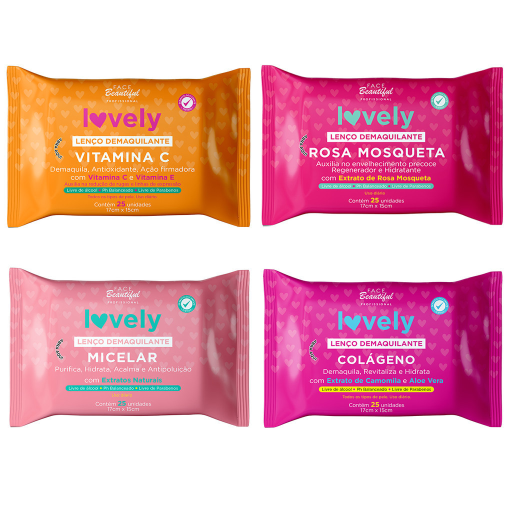 Kit 04 Lenços Demaquilante  Lovely C/ 25 un Face 