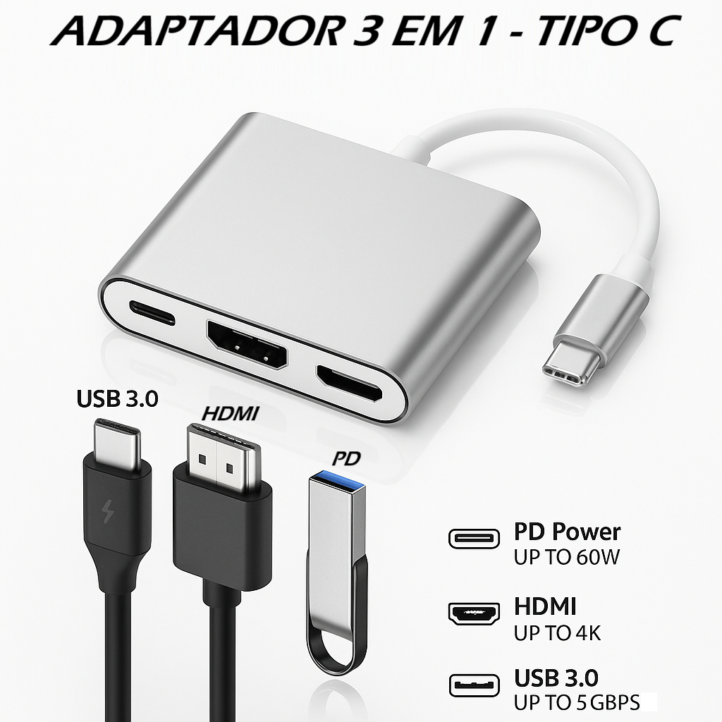 Cabo Adaptador 3 em 1 Conversor USB Tipo-C para HD