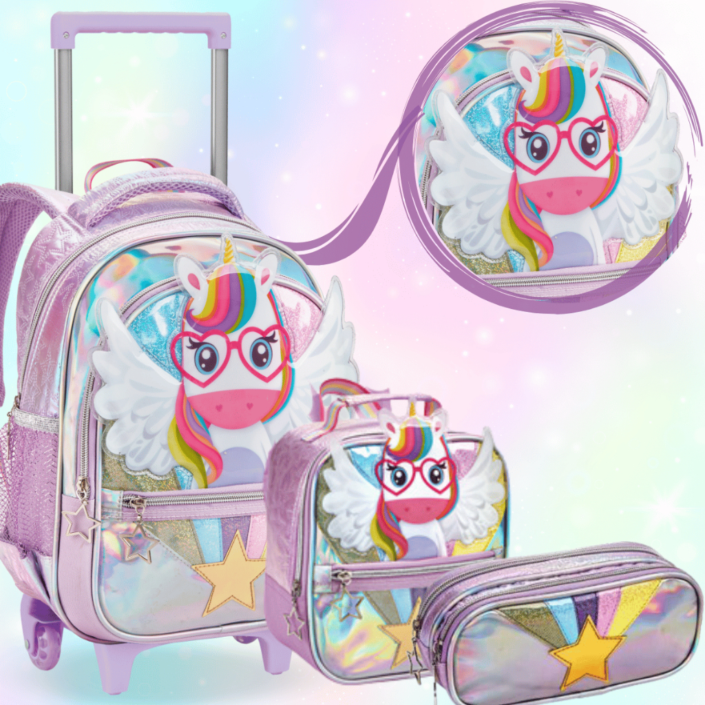Kit Mochila Rodinha Escolar Alça Menina Unicórni