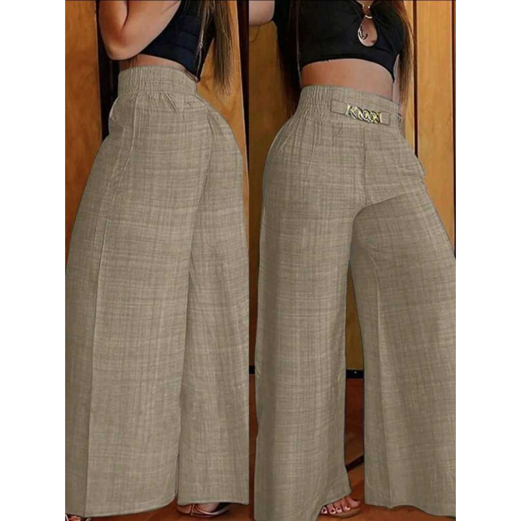 Calça Pantalona De Linho Com Cinto Fake e Cintura