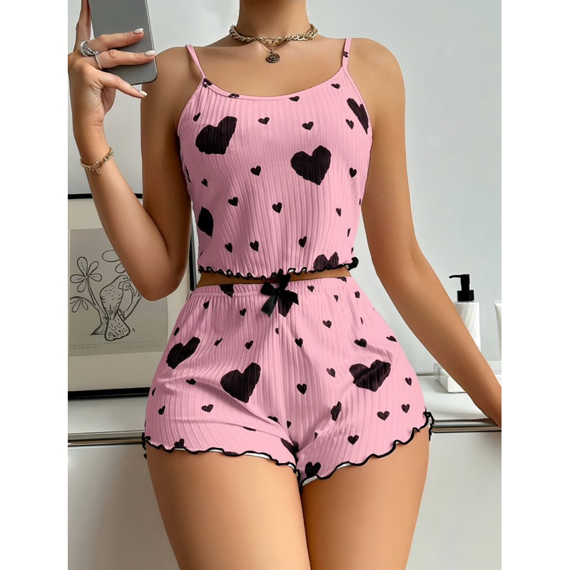 Pijama Feminino Cropped Coração Suede Canelado C