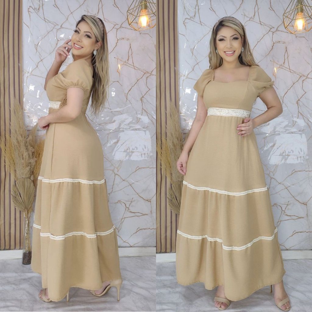 Vestido Longo Feminino Manga Princesa com Renda El