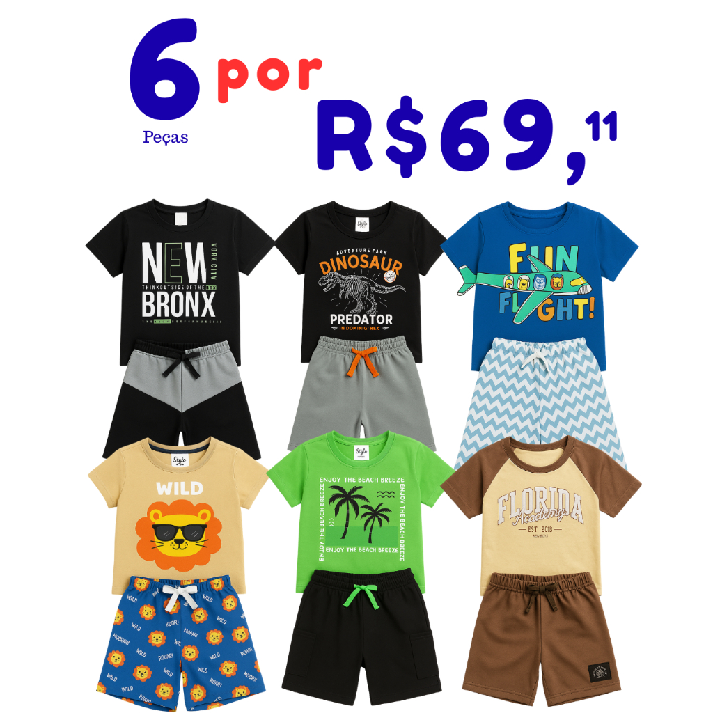 Kit 6 peças Infantil 3 Conjuntos Menino Verão So
