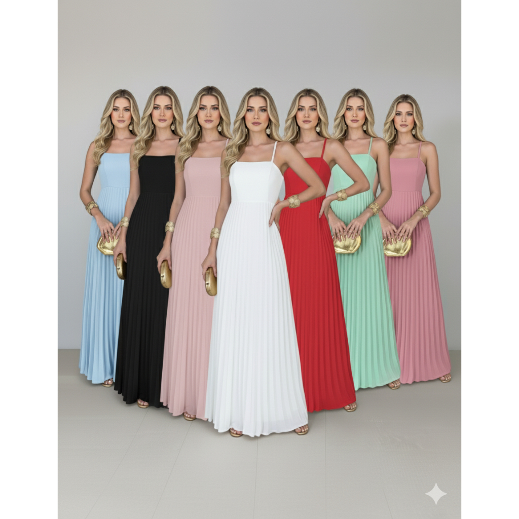 Vestido Longo Plissado Feminino Alça Fina e Amarr