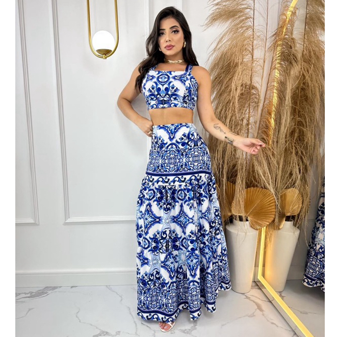Conjunto Feminino Cropped De Alça E Saia Longa Es