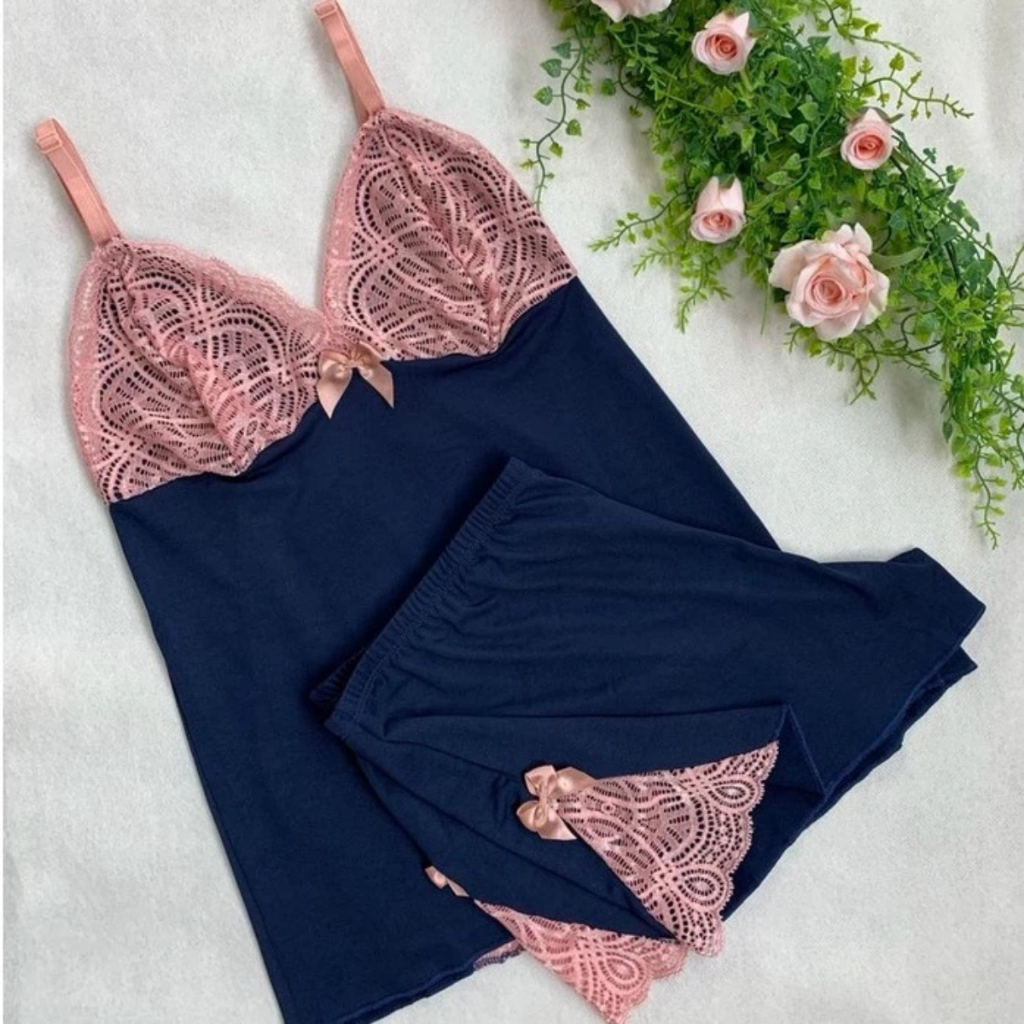 Pijama Feminino Baby Doll Verão Alcinha Detalhe d