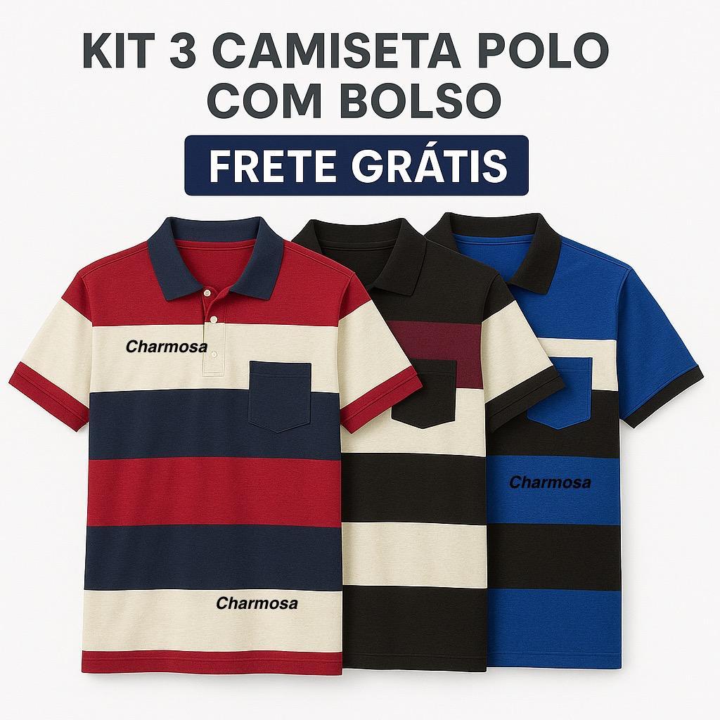Kit 3 Camisetas Polo Masculina com Bolso  Premium 