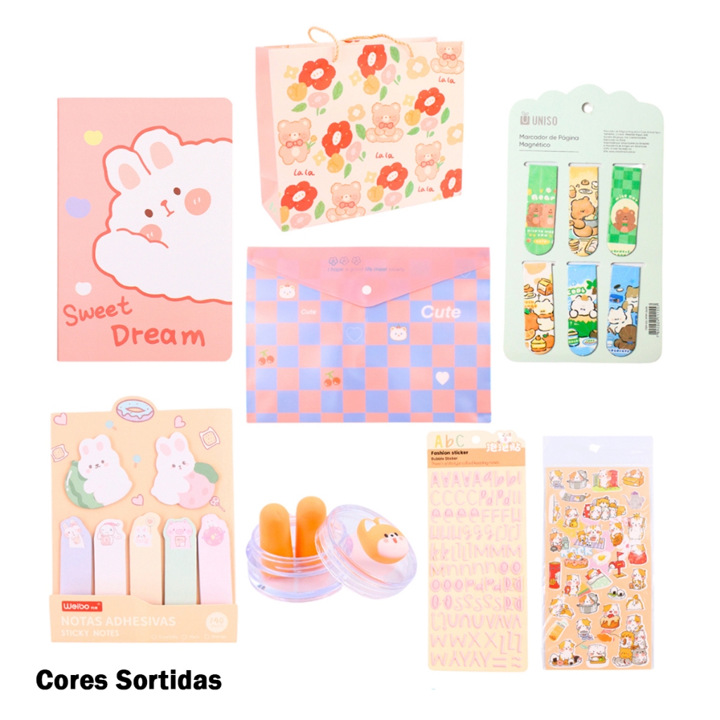 Kit Papelaria Fofa Itens Criativos Kawaii Cores e