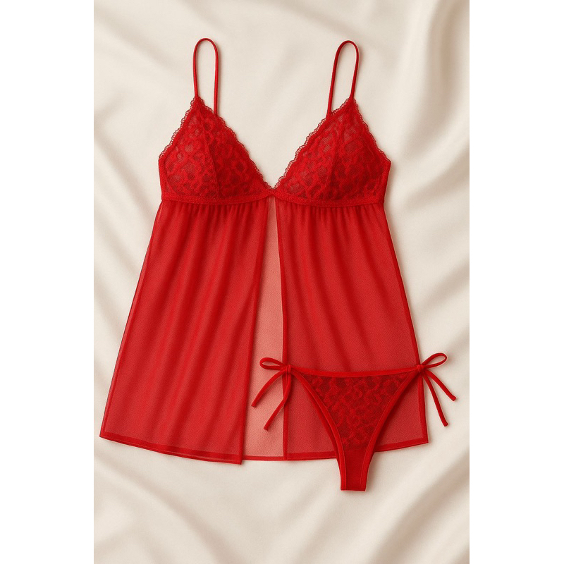 Camisola tule + calcinha de amarrar transparência