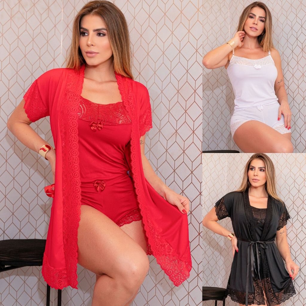Conjunto Feminino Top Doll + Robe Sensual Microfib