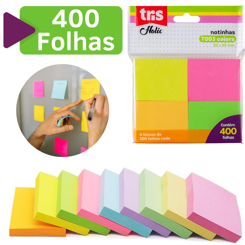 Kit Bloco Adesivo 50×40 Colorido 400 Folhas A