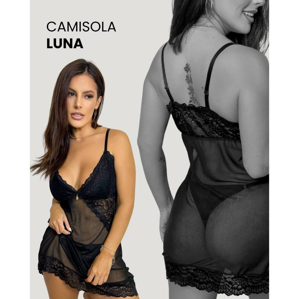 Camisola: Busto forrado, tule e renda, calcinha se