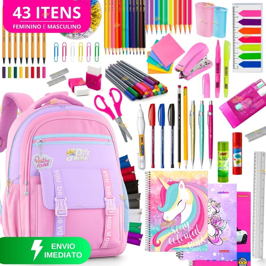 Kit Material Escolar Menina Completo Com ou Sem Mo