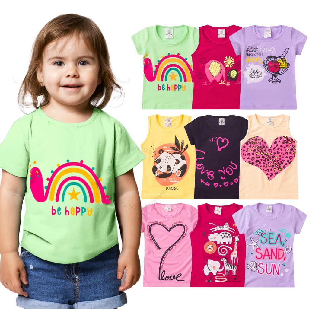 Kit Camiseta Verão Infantil Menina 5 Peças Sorti