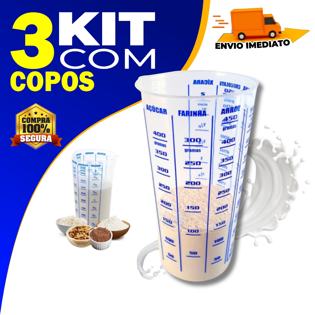 Kit 03 Copo Medidor Dosador Transparente Graduado 