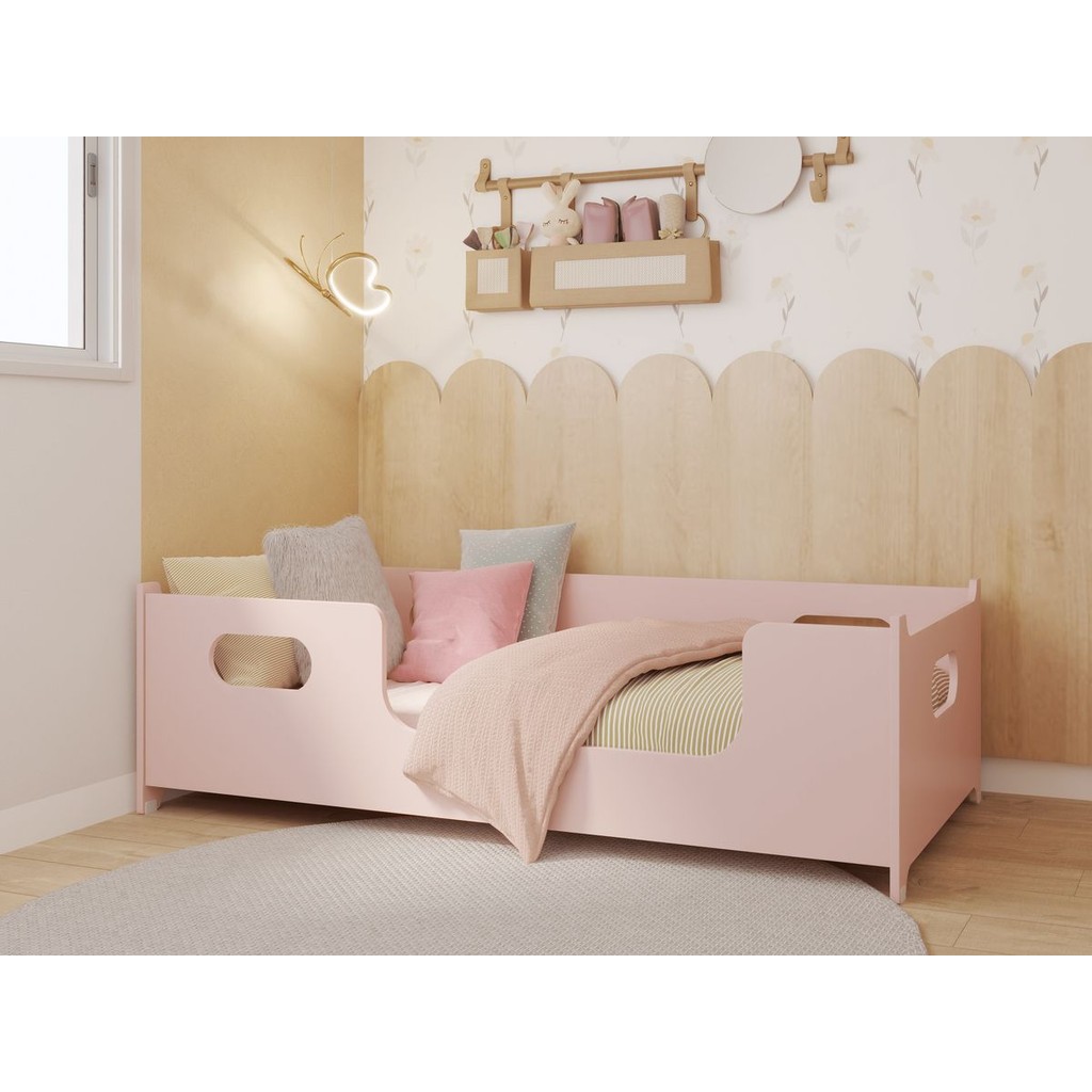 Cama Infantil Montessoriana Rosa Grade Proteção 