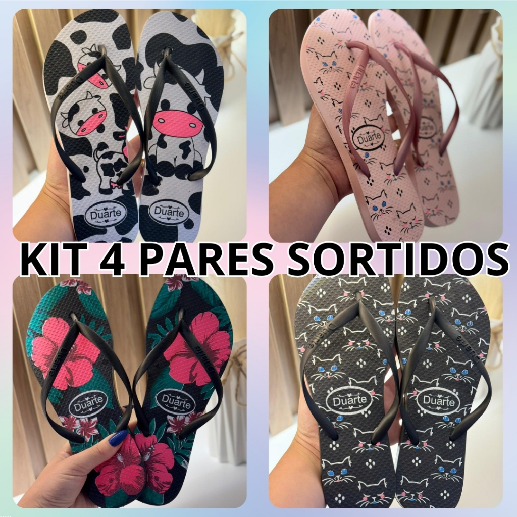 Kit 4 pares chinelo de dedo estampado confortavel 