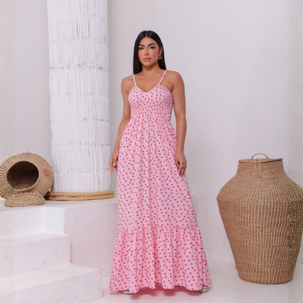 Vestido Longo Lastex Busto Decote V Feminino Alcin