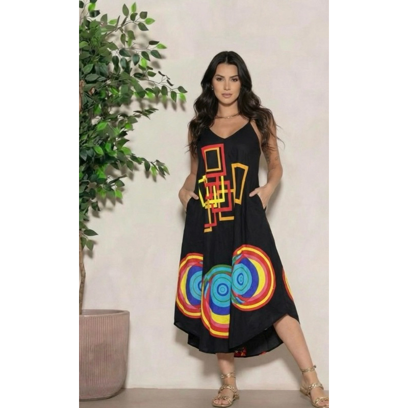 VESTIDO LONGO INDIANO TRAPEZIO ESTAMPAS E LISO