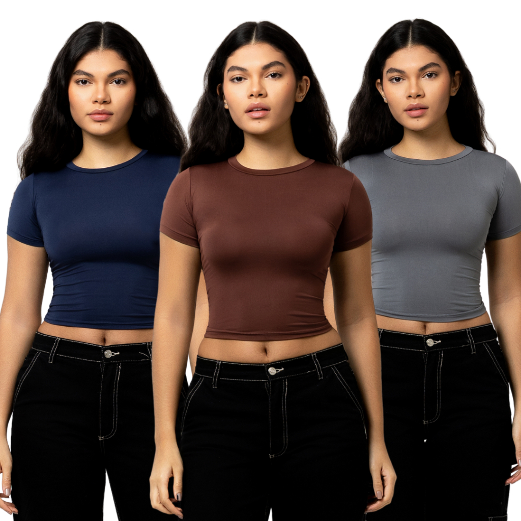 Kit 3 Baby Tee Feminina Blusa Básica Manga Curta 