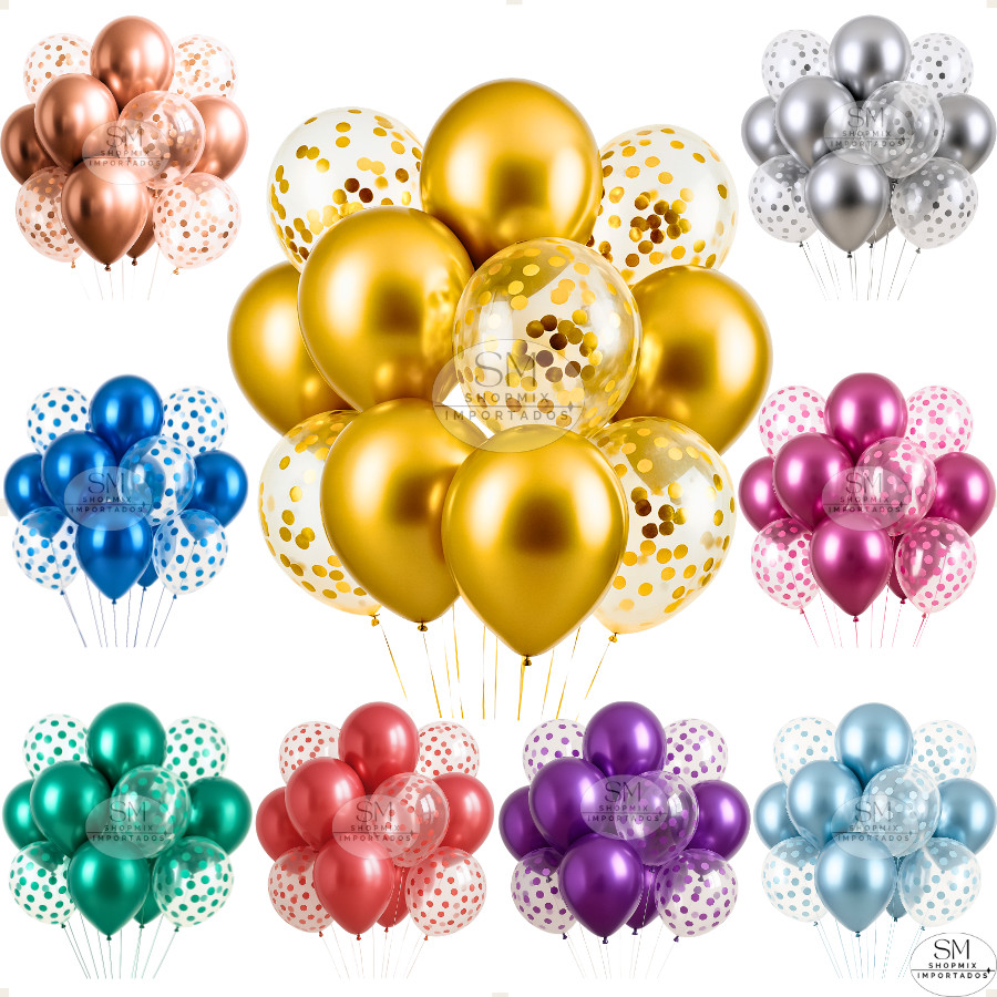 Kit 10 ou 20 Balão Metalizado Confete Festa Decor