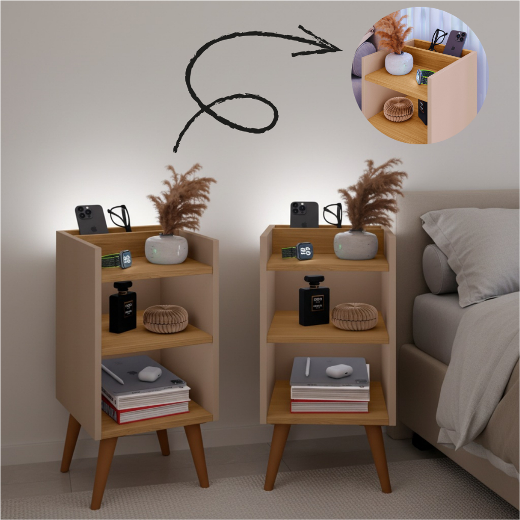 Kit com 2 Mesa de Cabeceira Nicho Organizador, pé