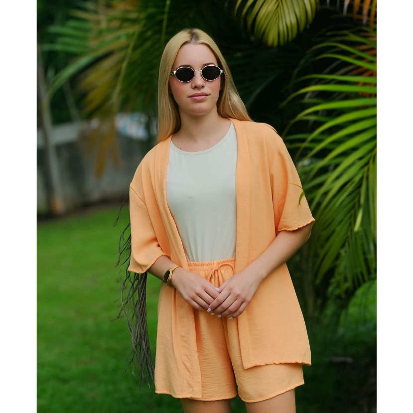 Conjunto 2 Peças Kimono + Shorts Tecido Duna Moda