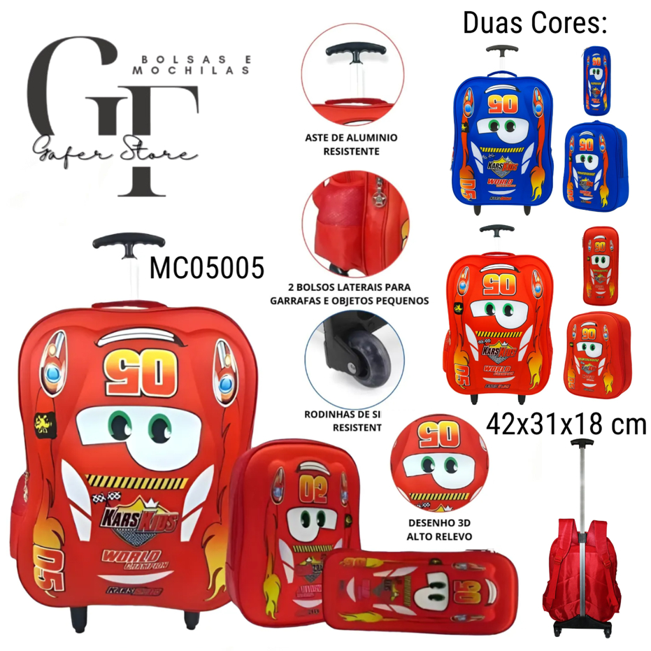 Kit Mochila Carros 3d 5005 Infantil Rodinhas Escol