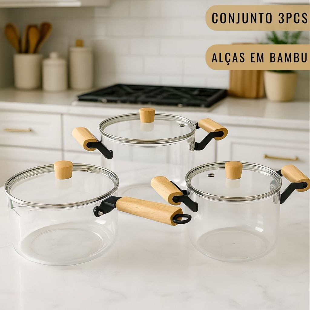 Jogo de Panelas de Vidro com Bambu Indução