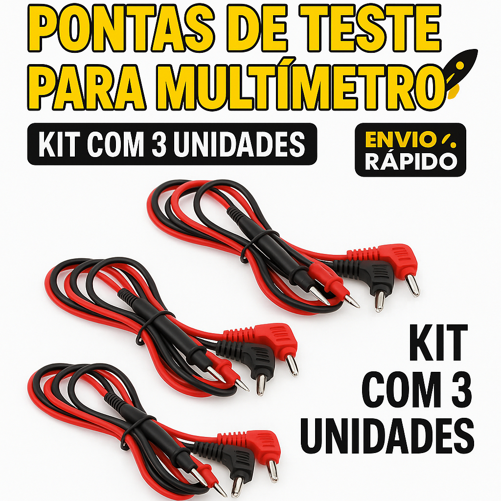 Kit 3 Pontas de Prova 1000V 90° Para Multímetro 