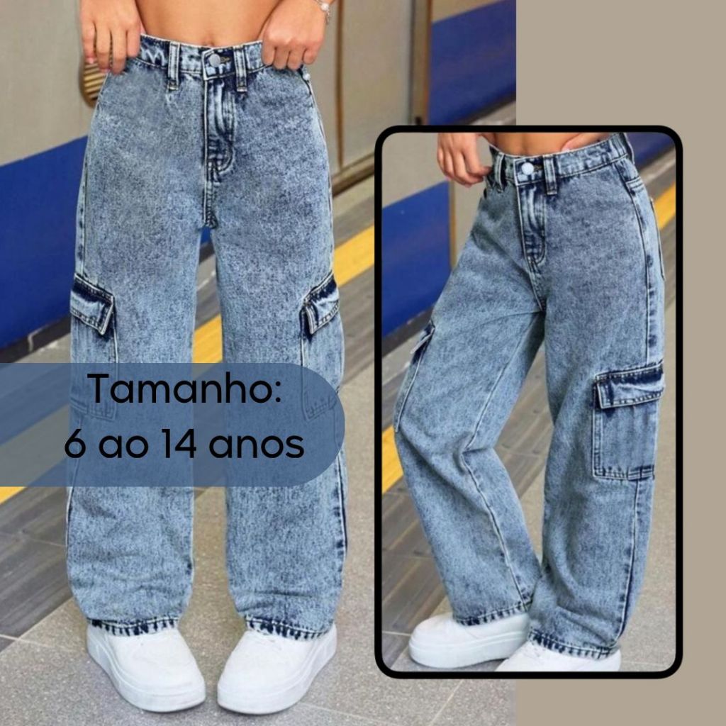 Calça Jeans Cargo infantil Juvenil 6 ao 14 Anos  