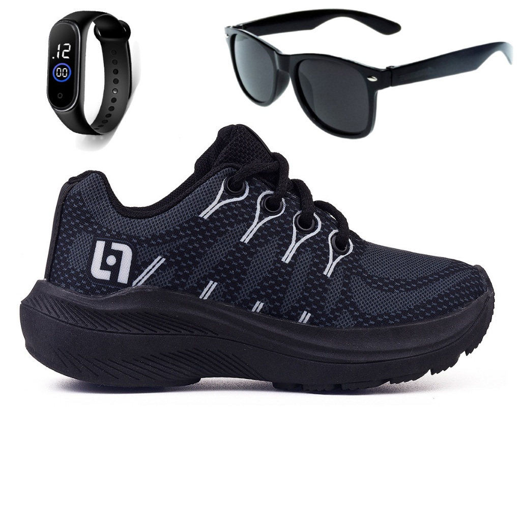 Tenis Infantil Meninos Casual Preto Preto + Óculo