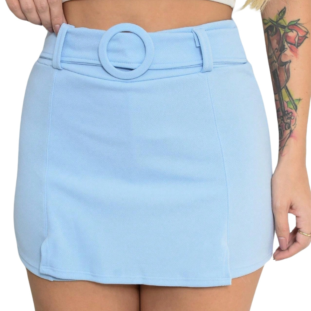 Short Saia Feminino Com Cinto Forrado Shorts Curto