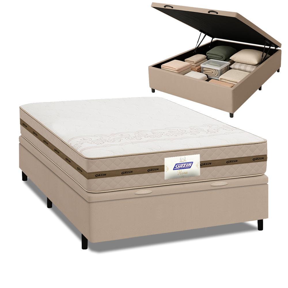 Cama Box Baú Casal Colchão Molas Flora Bege 138x
