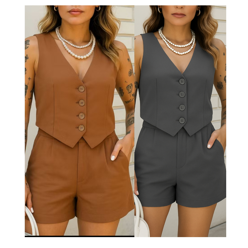 CONJUNTO FEMININO COLETE E SHORT DE ALFAIATARIA DE