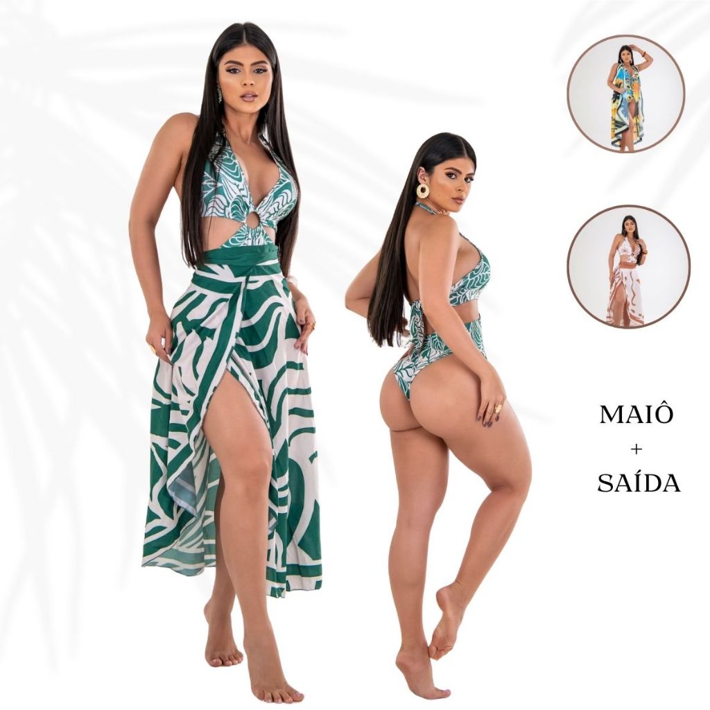 Maiô Feminino Estampado com Saída Pareô Forrado