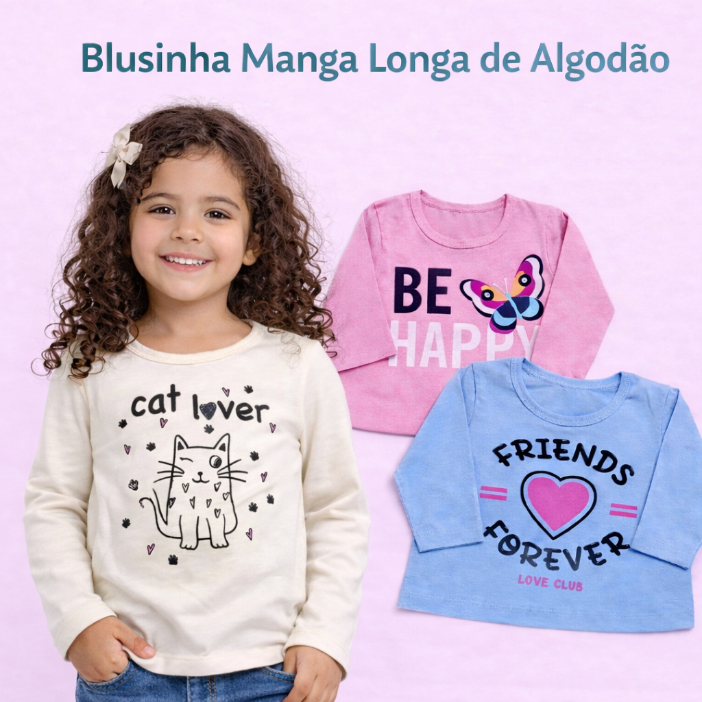 Blusa Manga Longa Infantil Menina, Algodão Tamanh
