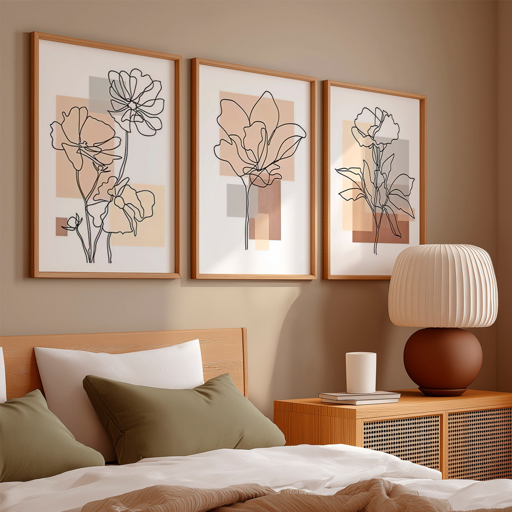 Kit 3 Quadros Decorativo Floral Linha Contínua Co