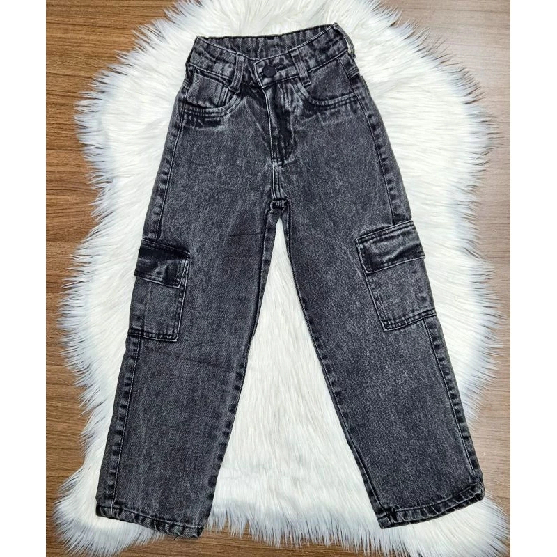 Calça Cargo Jeans Juvenil Feminina Wide Leg Cintu