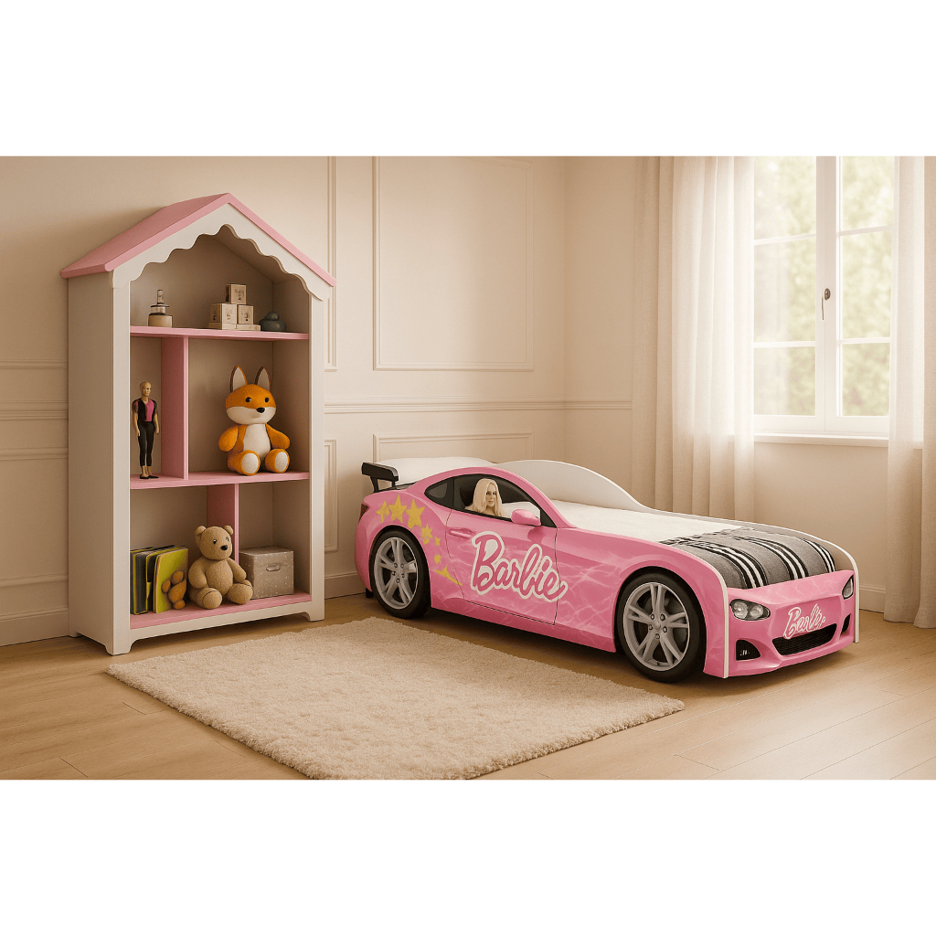 Conjunto Cama Cama Carro Barbie com Estante Magia 