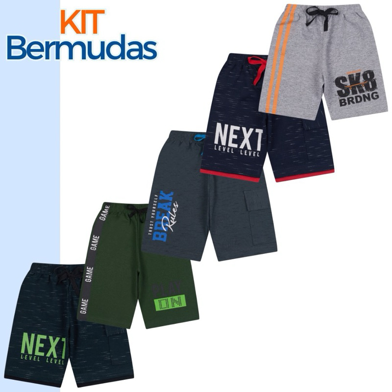 Kit 3 ou 5 Peças Bermudas Moletom Infantil e Juve