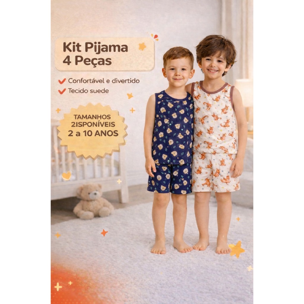 Kit 4 Peças Pijama Infantil Masculino Estampado R