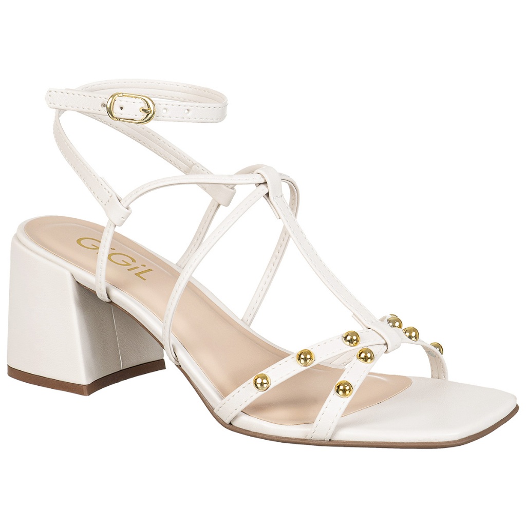 Sandália Feminina Salto Grosso Bloco Boho Tachas 