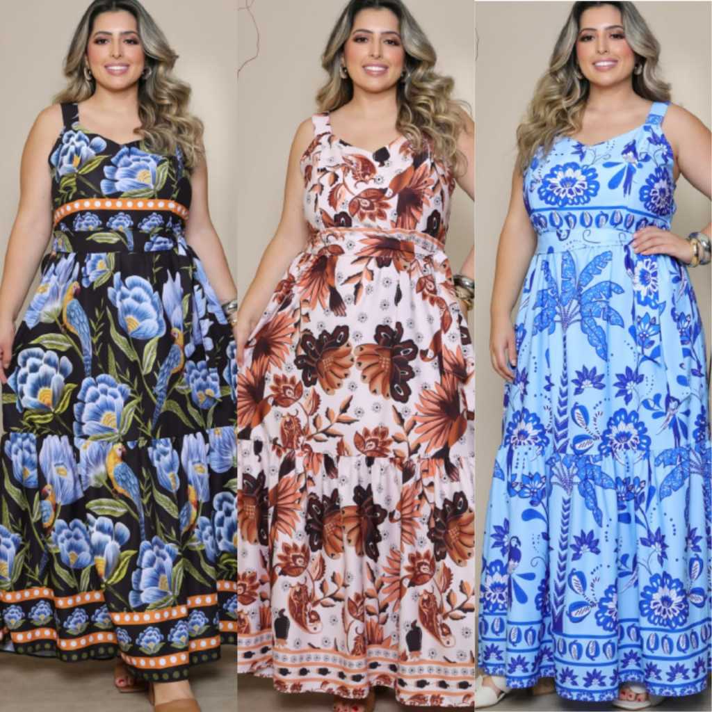 Vestido Longo Feminino Plus Size Estampado Floral 